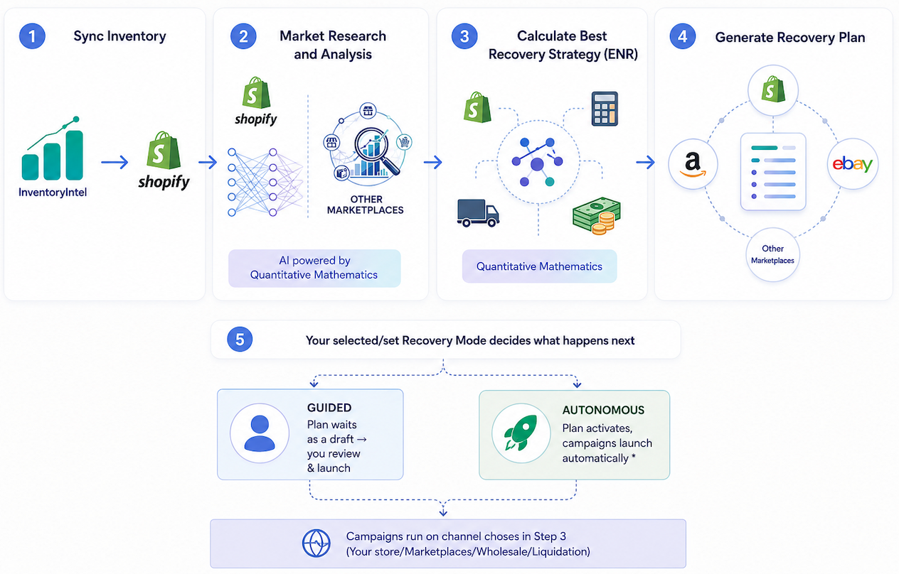 Workflow diagram showing inventory sync, market research and analysis, recovery strategy calculation, recovery plan generation, and the branch between Guided and Autonomous Recovery.